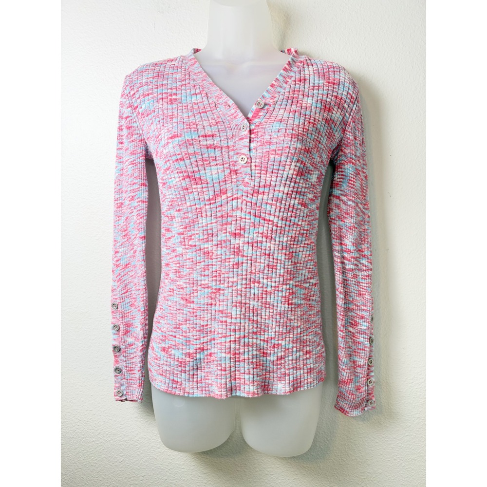 Sundance Pink Blue Space Dye Ribbed Henley Top Long Sleeve Button Cuff Small